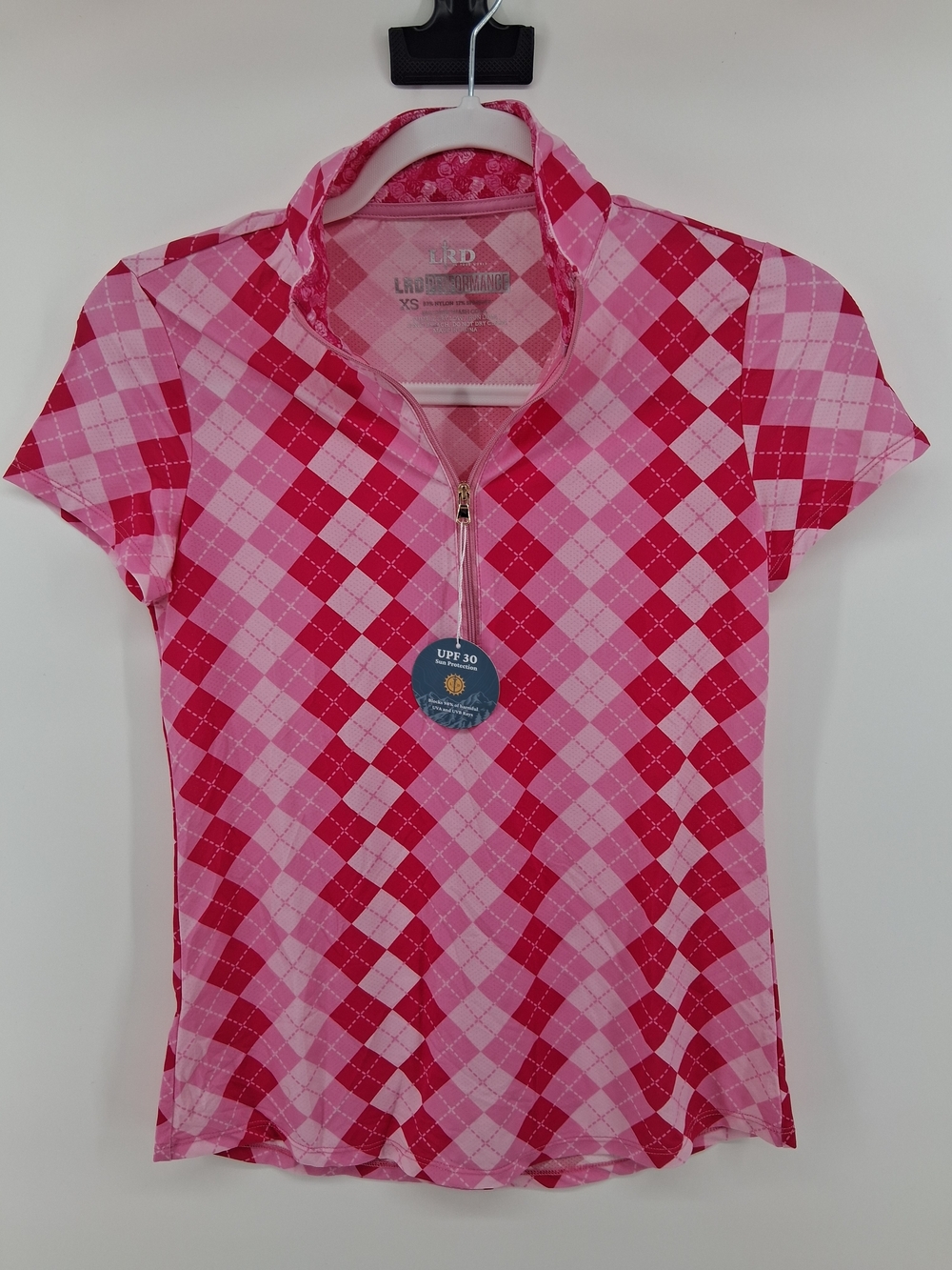 LRG Pink & Red Argyle Zip Polo Tee